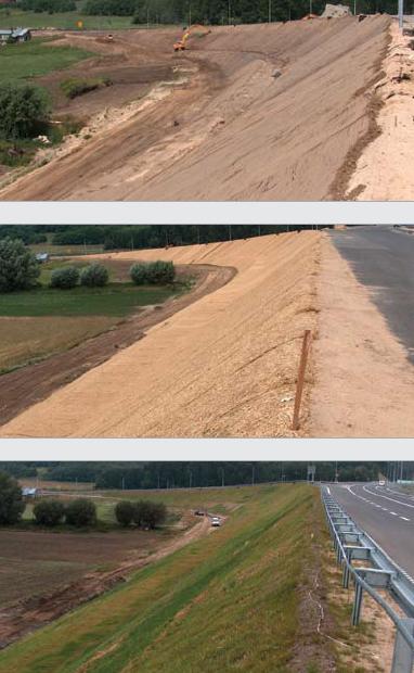 Trzy kadry z prac związanych z zabezpieczeniem skarpy w Pisarzowicach: pierwszy kadr pokazuje prace ziemne z użyciem koparki, drugi kadr ukazuje skarpę pokrytą matą antyerozyjną, a trzeci kadr...