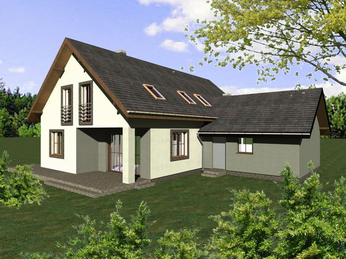 Wizualizacja 3D domu jednorodzinnego z dwuspadowym dachem, trzema oknami dachowymi i balkonami z metalowymi balustradami, otoczonego zielonym trawnikiem i krzewami.