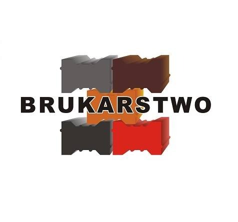 Logo firmy brukarskiej prezentujące cztery kostki brukowe w kolorach: szarym, brązowym, pomarańczowym, czarnym i czerwonym, z napisem 'BRUKARSTWO' na białym tle.
