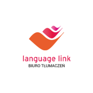 Logo firmy Language Link - Biuro Tłumaczeń, przedstawiające stylizowany symbol w kolorach pomarańczowym i różowym, przypominający trzy nakładające się na siebie skrzydła lub strony dokumentu.