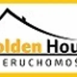 Logo firmy Golden House Nieruchomości z drzewem, domem i napisem na żółtym tle.