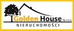 Logo firmy Golden House Nieruchomości z drzewem, domem i napisem na żółtym tle.