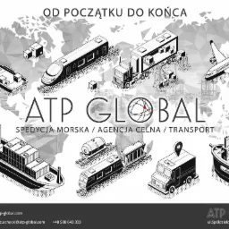 Czarno-biała grafika wektorowa przedstawiająca różne środki transportu - statek, pociąg, ciężarówka, samolot i dron - na tle mapy świata, z logo firmy transportowej ATP Global z Myszkowa i hasłem...