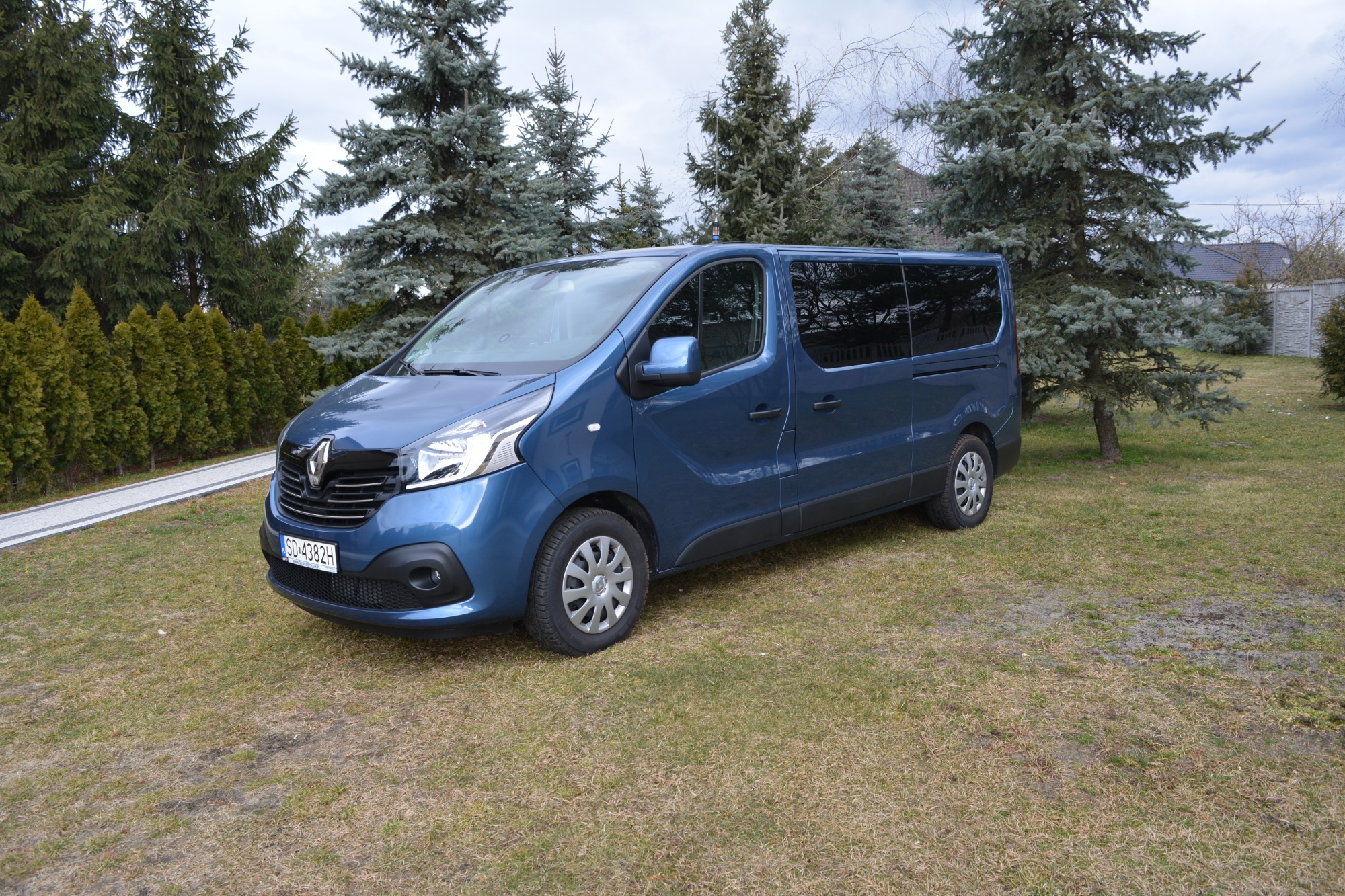 Niebieski Renault Trafic na trawniku przed domem, z widoczną tablicą rejestracyjną i choinkami w tle.
