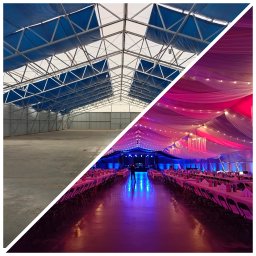 OSWIETLIMYWSZYSTKO.PL - Hala przed i po aranżacji na imprezę: surowa konstrukcja vs. dekoracje, stoły, scena i klimatyczne światło. Kontrastowe zestawienie.