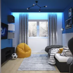 Nowoczesny pokój młodzieżowy z niebieskimi ścianami, żółtą pufą i widokiem na zimowy krajobraz za oknem, oświetlony listwą LED.