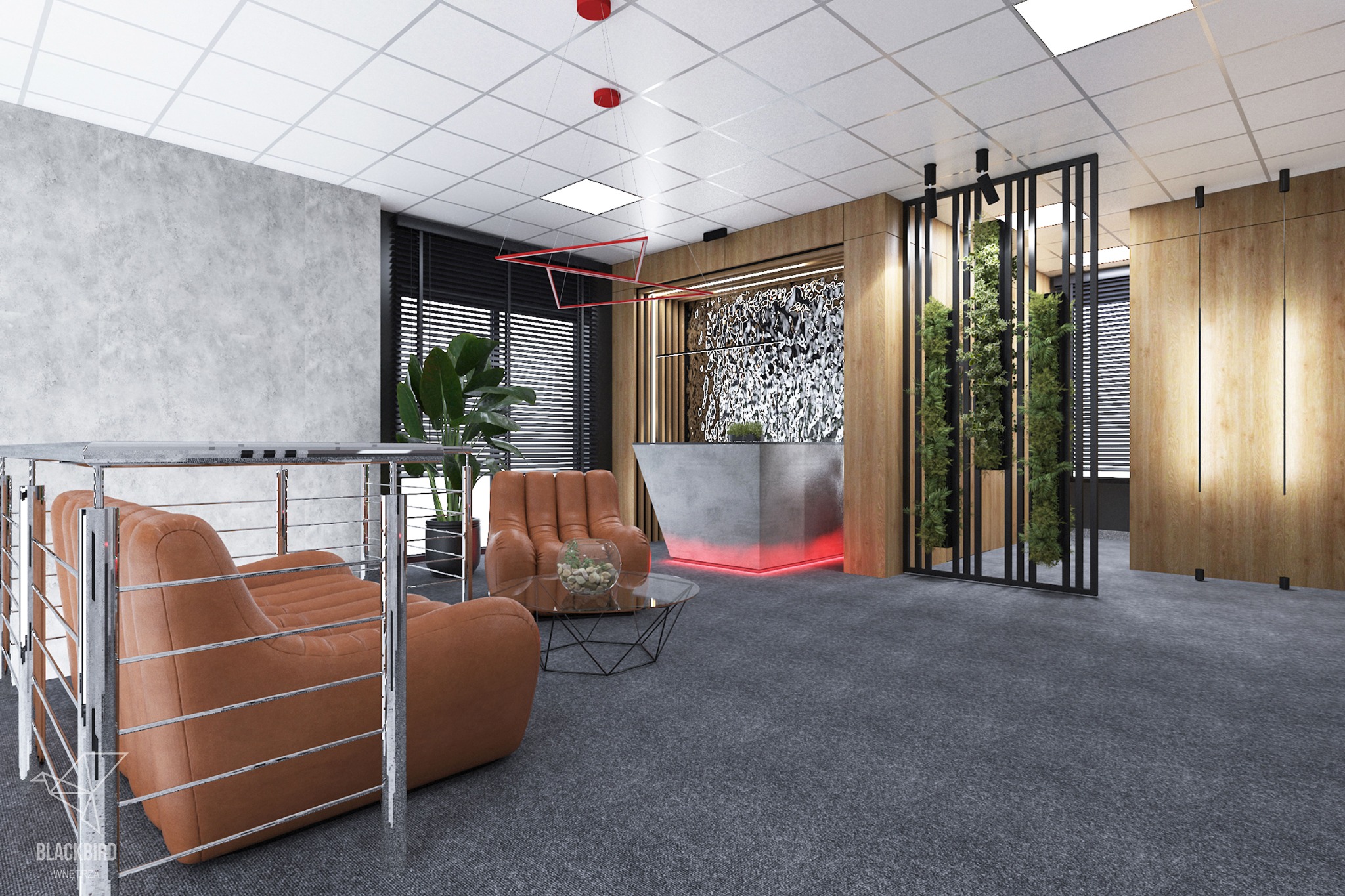 Nowoczesne lobby biurowe z fotelami w kolorze koniakowym, geometrycznym stolikiem kawowym i recepcją podświetloną na czerwono, akcenty roślinne na drewnianej ścianie działowej.
