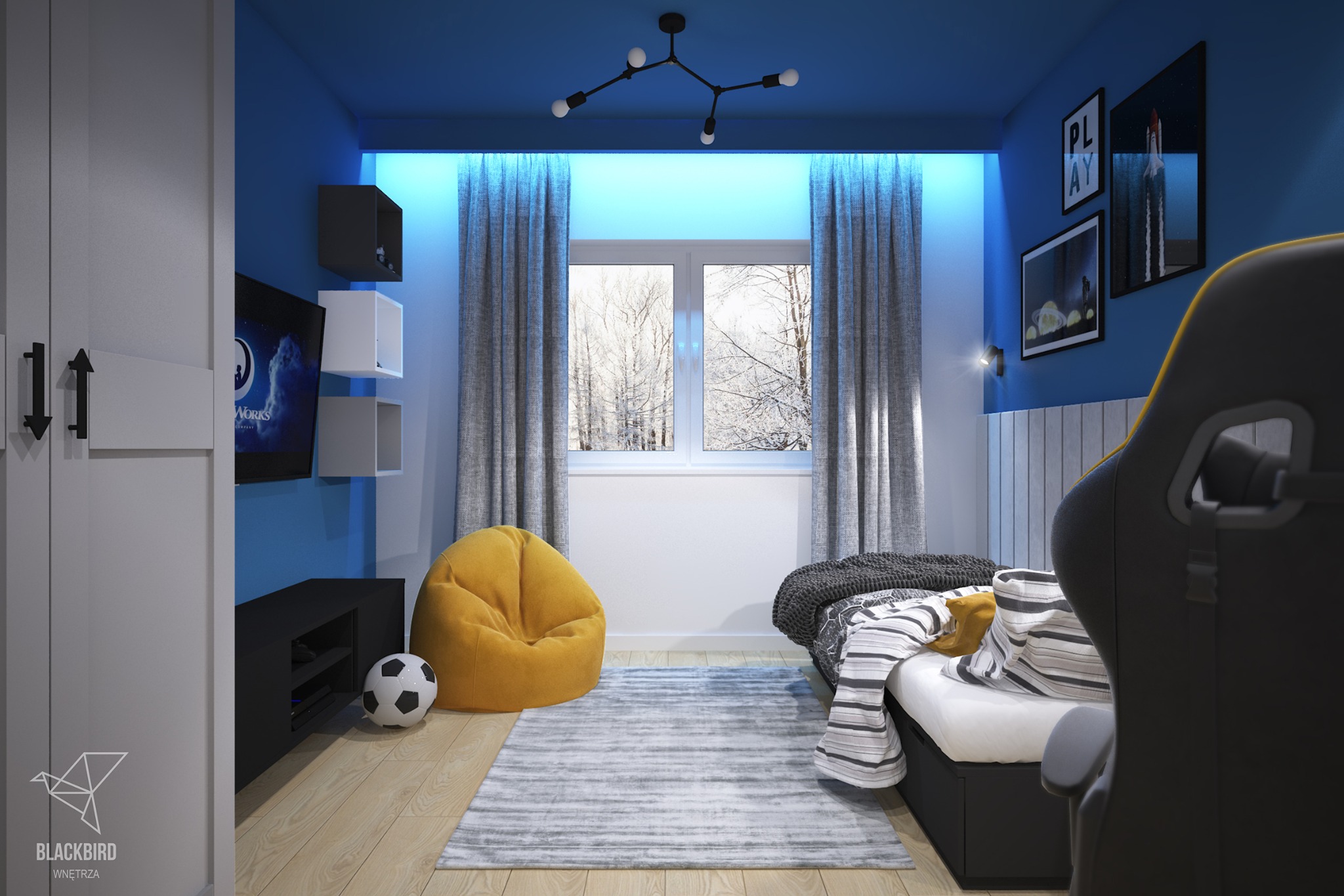 Nowoczesny pokój młodzieżowy z niebieskimi ścianami, żółtą pufą i widokiem na zimowy krajobraz za oknem, oświetlony listwą LED.