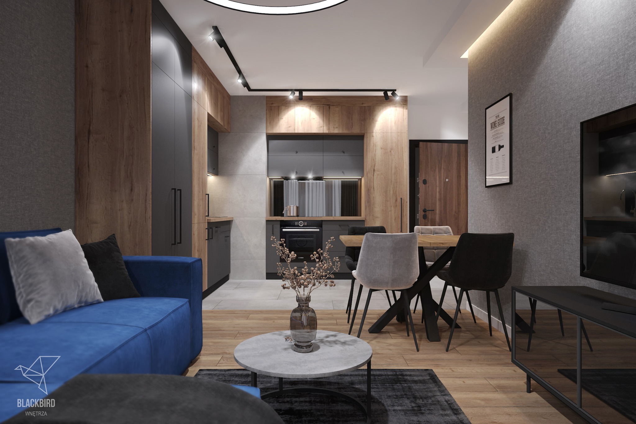 Nowoczesne wnętrze mieszkania z otwartą kuchnią, niebieską sofą i drewnianymi akcentami, oświetlone punktowymi lampami.