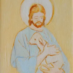 Delikatna akwarela na płótnie przedstawiająca Jezusa Chrystusa z aureolą, trzymającego baranka na tle jasnego, neutralnego tła.