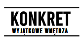 Logo firmy 'KONKRET - Wyjątkowe Wnętrza' z czarnym napisem na białym tle, ograniczone dwoma poziomymi liniami. Napis 'KONKRET' jest większy i pogrubiony, a pod nim mniejszy napis w kolorach tęczy...
