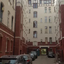 Dziedziniec kamienicy po renowacji elewacji, z zaparkowanymi samochodami i widoczną przenośną toaletą w tle.