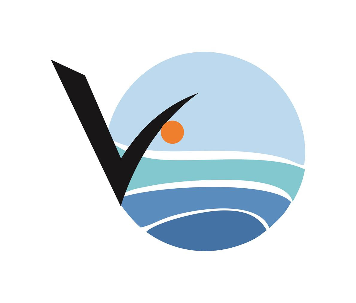 Logo VIVENTURE: Stylizowana litera V na tle okręgu z motywem morza i słońca.