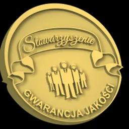 Złota pieczęć z napisem 'Stowarzyszenie Gwarancja Jakości' i sylwetkami osób w garniturach.