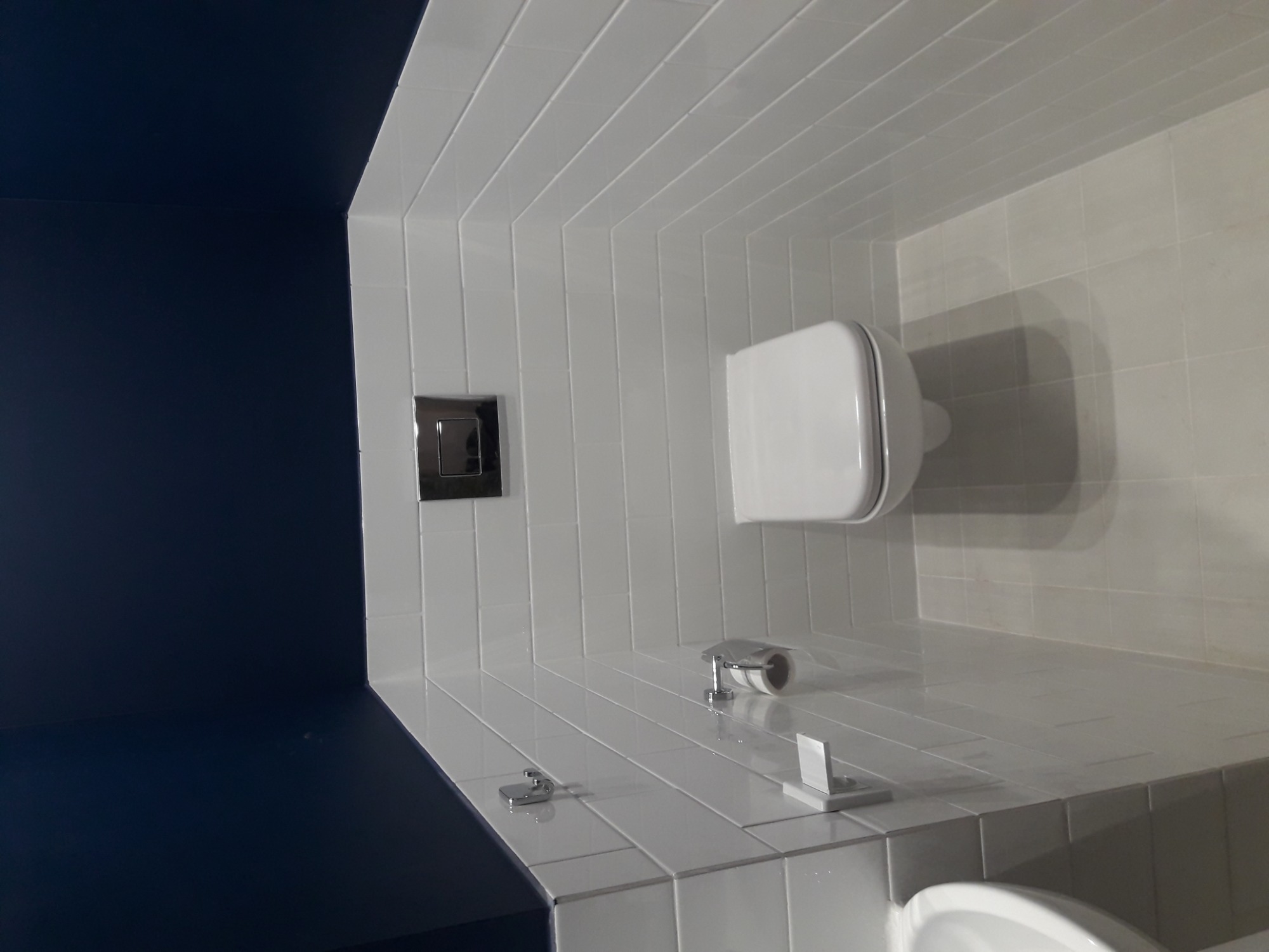 Nowoczesna toaleta z białymi, pionowo ułożonymi płytkami, chromowaną armaturą i ciemnoniebieską ścianą, sfotografowana pod nietypowym kątem, eksponującym geometryczny układ płytek.