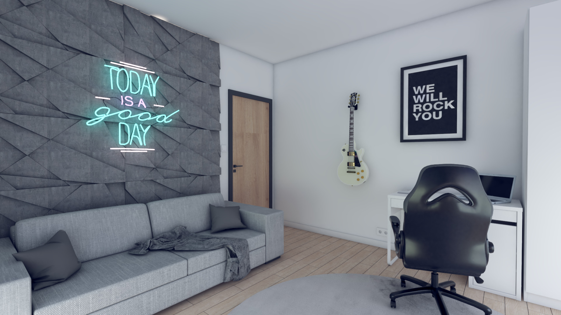Pokój młodzieżowy z szarą sofą, dekoracyjną ścianą z neonem 'Today is a good day', gitarą na ścianie i biurkiem z laptopem.