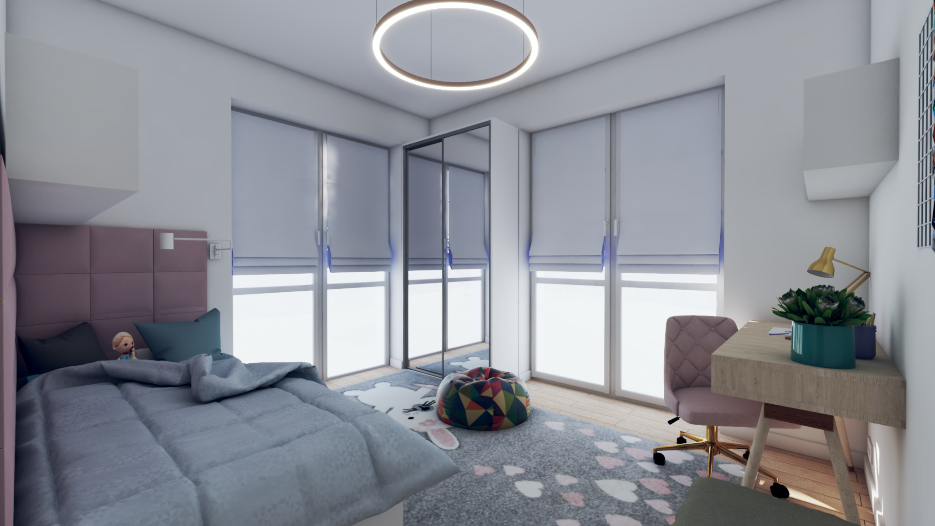 Wizualizacja pokoju dziecięcego z łóżkiem z fioletowym zagłówkiem, biurkiem z lampką i rośliną doniczkową, szafą z lustrzanymi drzwiami i okrągłą lampą sufitową.