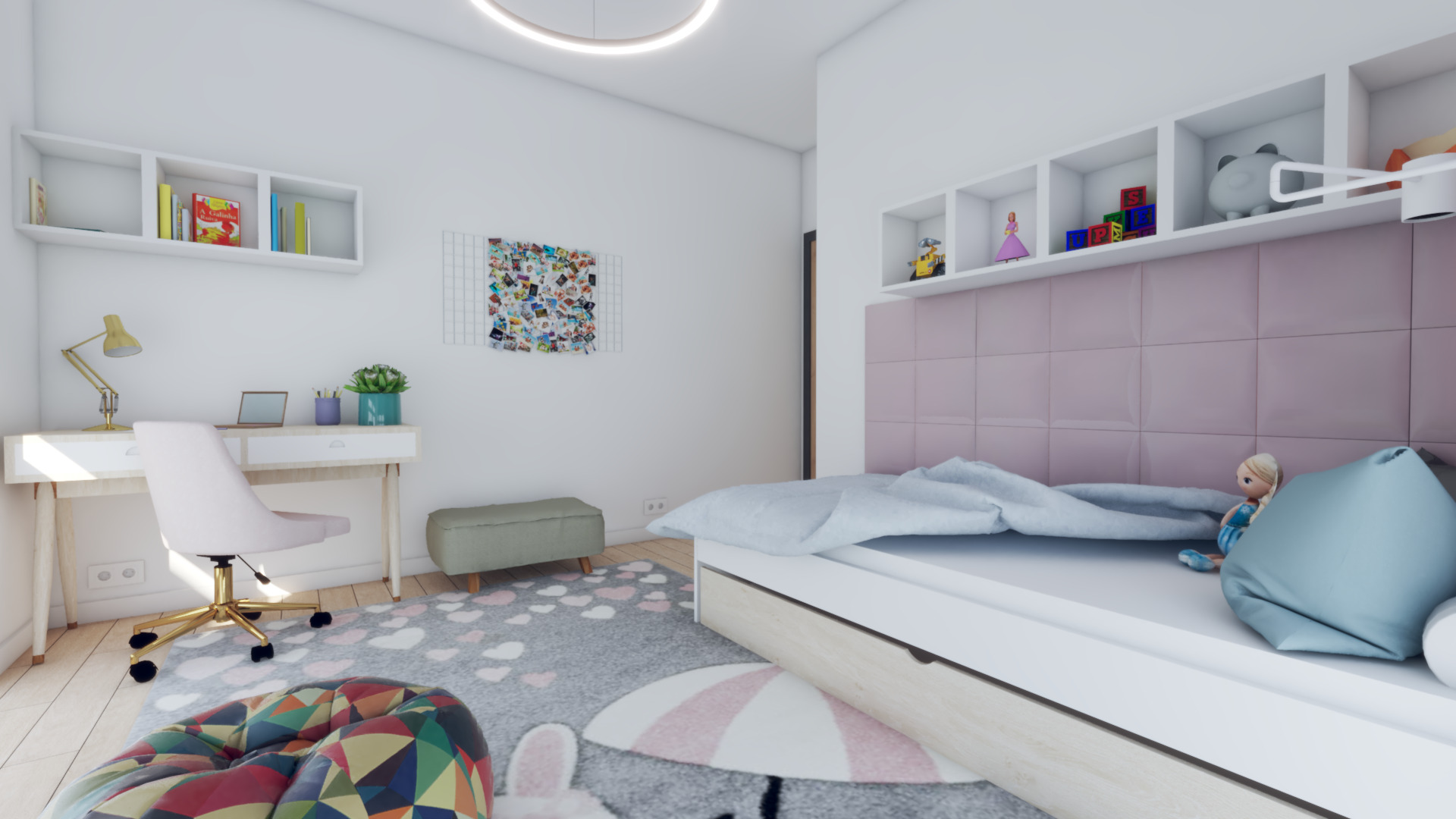 Jasny pokój dziecięcy w Warszawie z biurkiem, krzesłem na złotych kółkach, łóżkiem z różowym zagłówkiem z płytek, szarą pufą i dywanem w serca.
