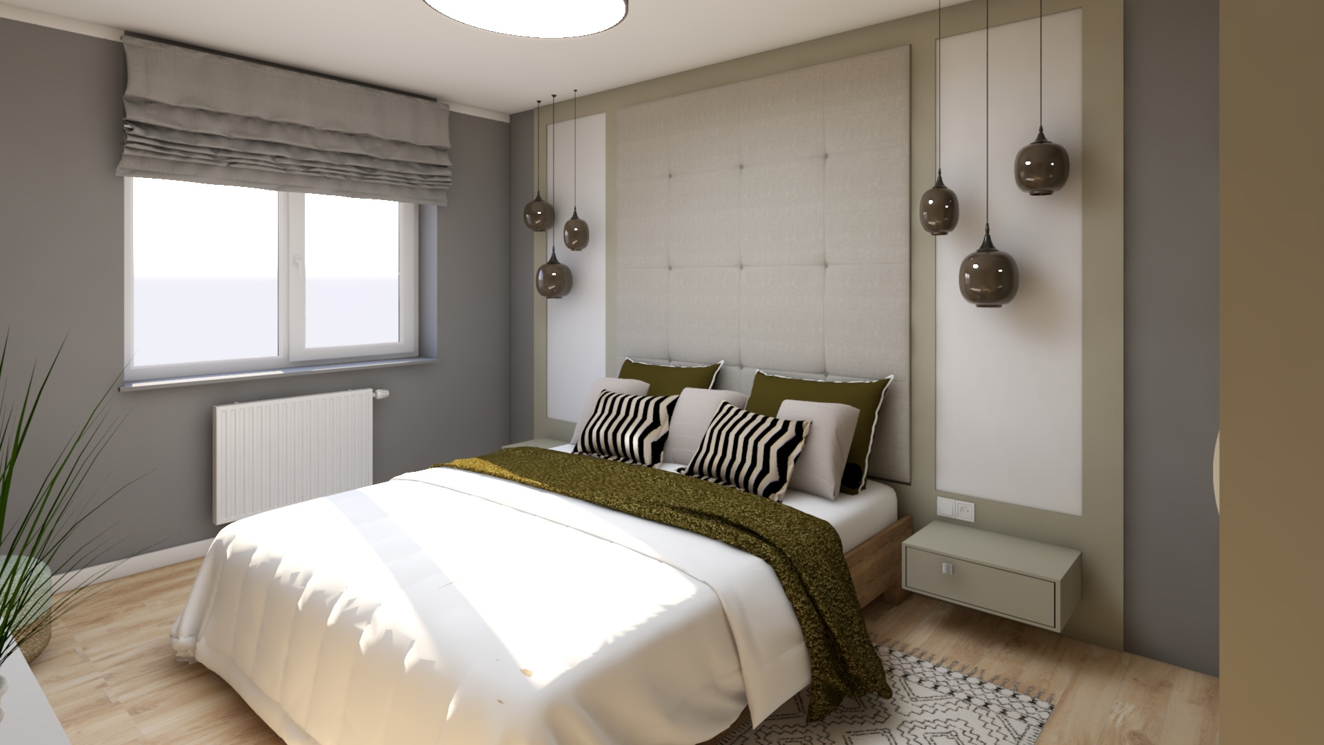 Wizualizacja sypialni z łóżkiem z pikowanym zagłówkiem, lampami wiszącymi i oknem z roletą rzymską.