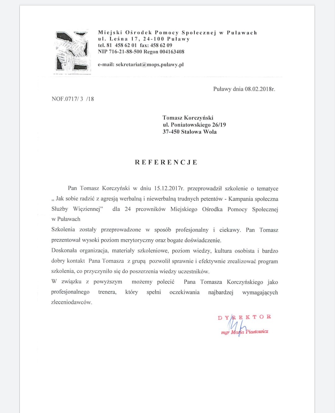 Skan referencji dla Tomasza Korczyńskiego ze Stalowej Woli, potwierdzający przeprowadzenie szkolenia z zakresu radzenia sobie z agresją werbalną i niewerbalną. Dokument datowany na 08.02.2018...