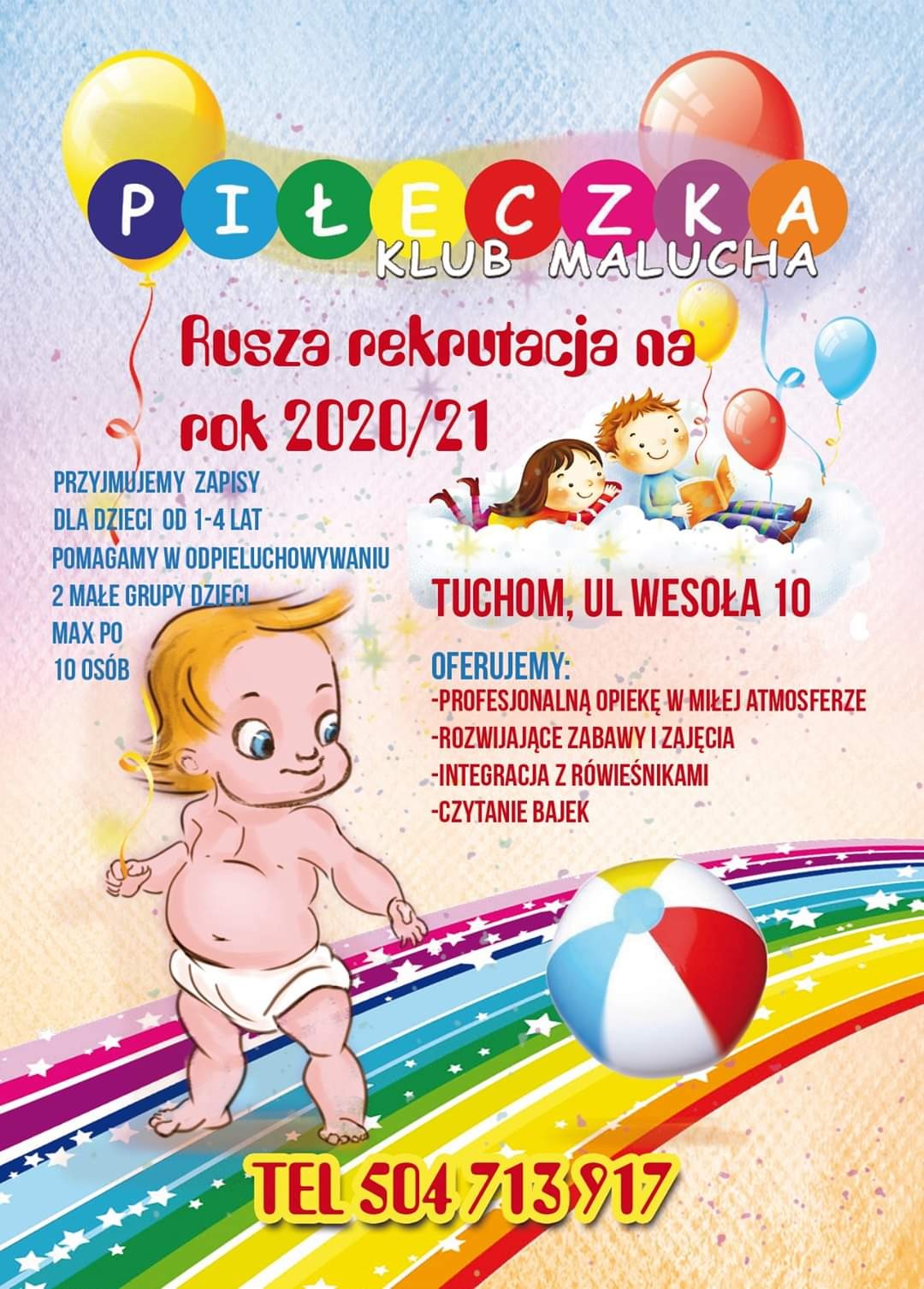 Plakat reklamowy klubu malucha 'Piłeczka' w Tuchomiu, ul. Wesoła 10, informujący o rekrutacji na rok 2020/21, z ilustracjami dzieci i piłki plażowej.