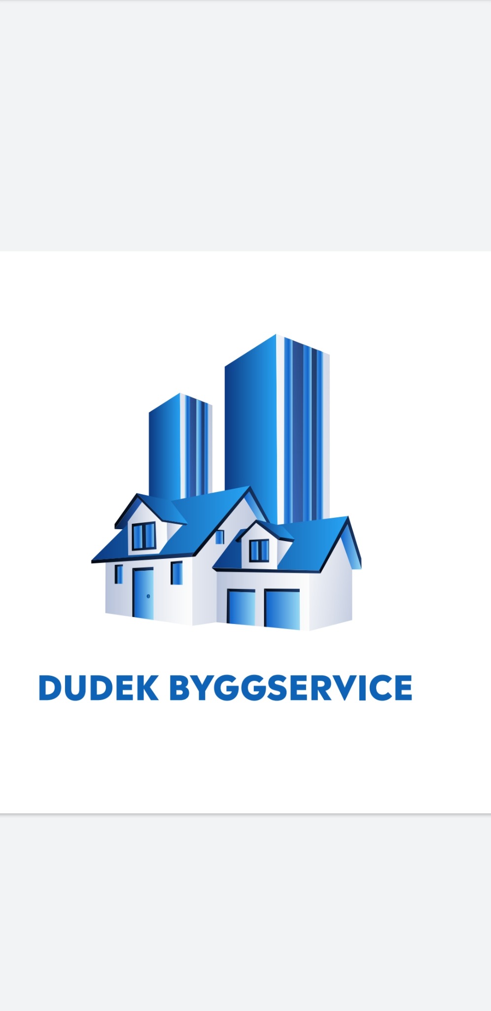 Logo firmy budowlanej Dudek Byggservice, przedstawiające stylizowany dom z niebieskim dachem na tle trzech niebieskich wieżowców.