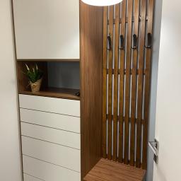 NETMAX Sp. z o.o. - Nowoczesna szafa w przedpokoju z białymi frontami szuflad, drewnianymi elementami wykończeniowymi, otwartą półką z rośliną doniczkową oraz wieszakiem z drewnianych listew z haczykami i siedziskiem.