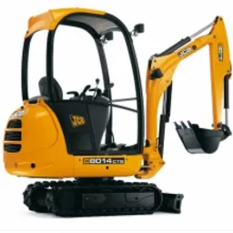 Żółta minikoparka JCB 8014 CTS z kabiną, widoczna z boku na białym tle.