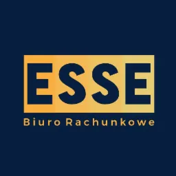 Logo firmy ESSE Biuro Rachunkowe na granatowym tle z żółtymi elementami graficznymi.