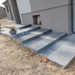 Kam-Bruk Paweł Kaczmarek - Schody wejściowe do nowoczesnego domu wyłożone szarą kostką brukową, z dekoracyjnymi donicami z roślinami po bokach, na tle surowego krajobrazu.