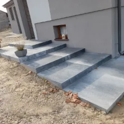 Schody wejściowe do nowoczesnego domu wyłożone szarą kostką brukową, z dekoracyjnymi donicami z roślinami po bokach, na tle surowego krajobrazu.