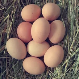 Dziewięć brązowych, świeżych produktów rolnych ułożonych w gnieździe ze słomy.