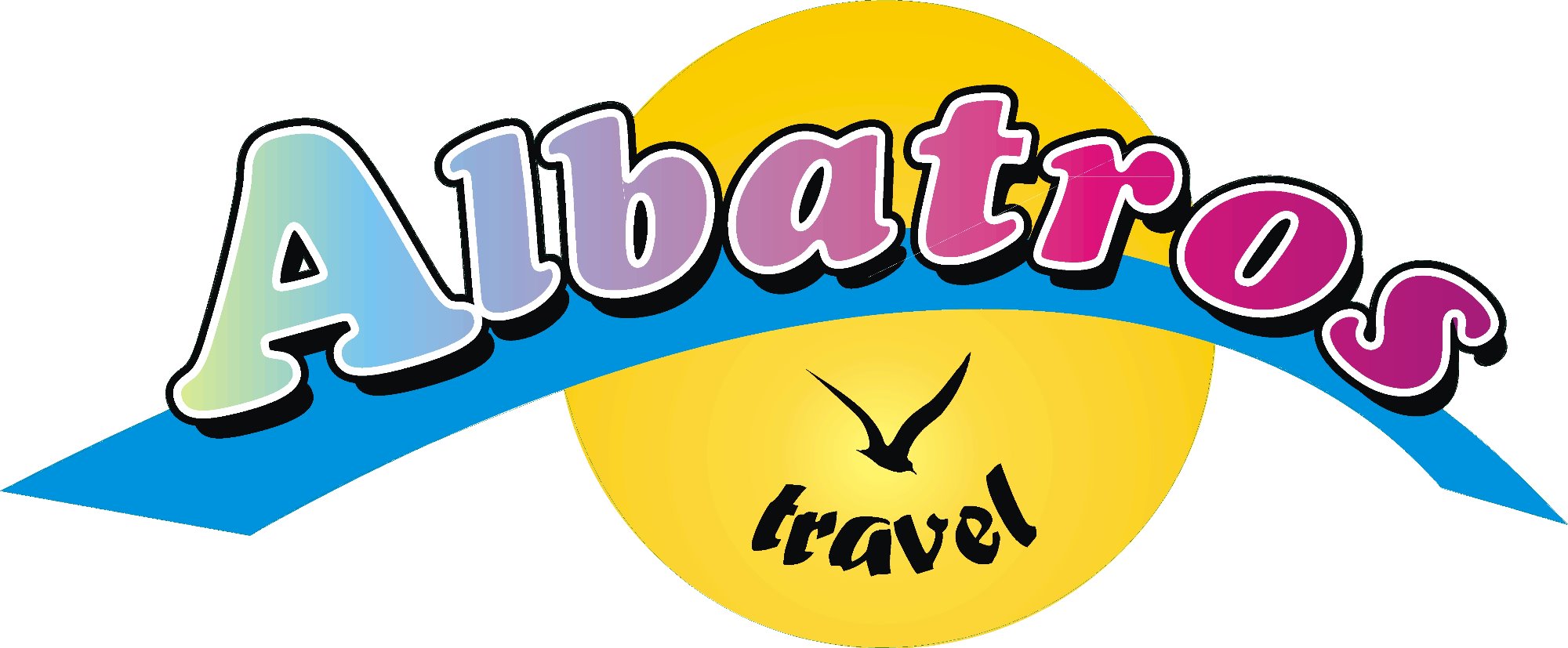 Kolorowe logo biura podróży Albatros Travel z sylwetką ptaka na tle żółtego słońca i błękitnej fali.