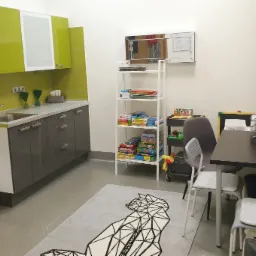 Wnętrze gabinetu z aneksem kuchennym, regałem z grami planszowymi i dywanem z geometrycznym wzorem kota.