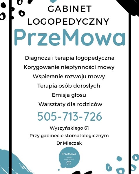 Plakat reklamowy gabinetu logopedycznego PrzeMowa oferującego diagnozę, terapię, korekcję niepłynności mowy, wspieranie rozwoju mowy, terapię osób dorosłych, emisję głosu i warsztaty dla rodziców...