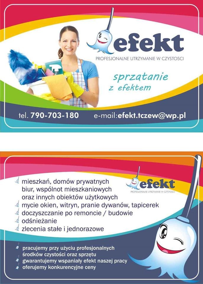 Grafika reklamowa firmy sprzątającej: uśmiechnięta kobieta w fartuchu trzymająca wiadro ze środkami czystości, logo firmy 'Efekt', zakres usług: mieszkania, biura, mycie okien, doczyszczanie po...