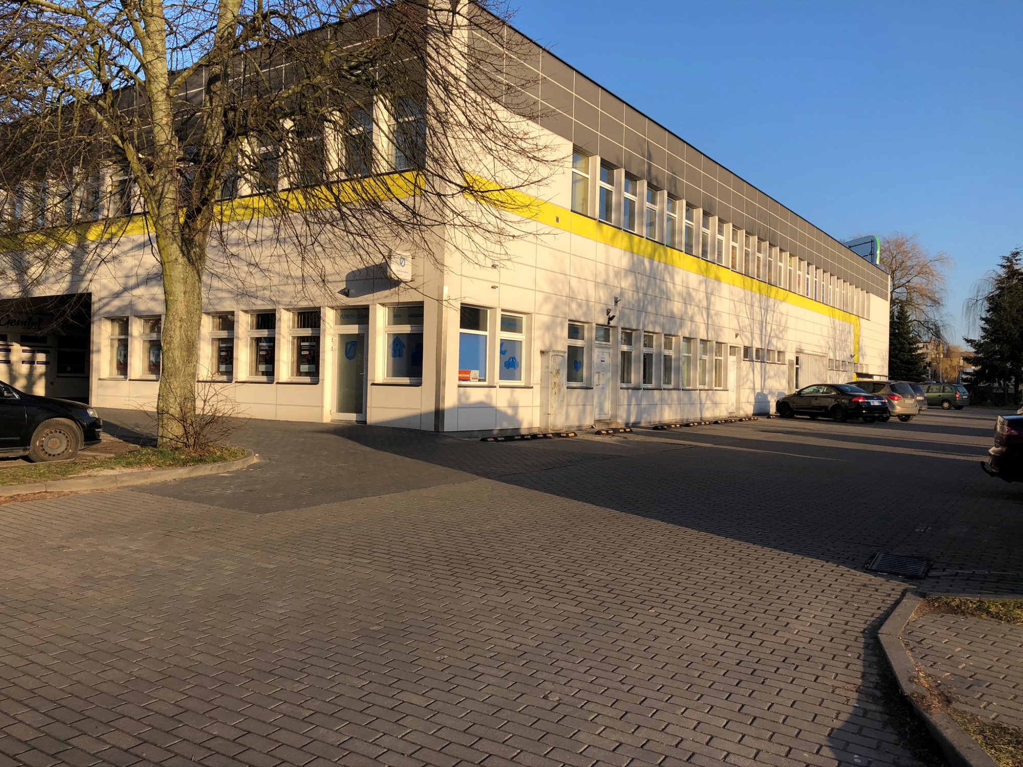 Budynek Medycyny Pracy Chojnice z żółtym pasem, widok z zewnątrz, drzewo z nagimi gałęziami po lewej stronie, parking z kostki brukowej.