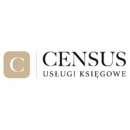 Logo firmy Census Usługi Księgowe z beżowym kwadratem zaokrąglonym z literą C oraz napisem Census Usługi Księgowe w kolorze czarnym.
