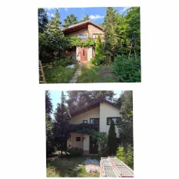 Dwa ujęcia tego samego domu jednorodzinnego, przed i po wykonaniu prac elewacyjnych, z widocznymi rusztowaniami i zmianą koloru elewacji na jaśniejszy odcień kremowego.