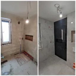 Porównanie stanu łazienki przed i po remoncie: od surowych ścian z instalacją podłogową do wykończonych, szarych płytek z czarnym akcentem pod prysznicem.