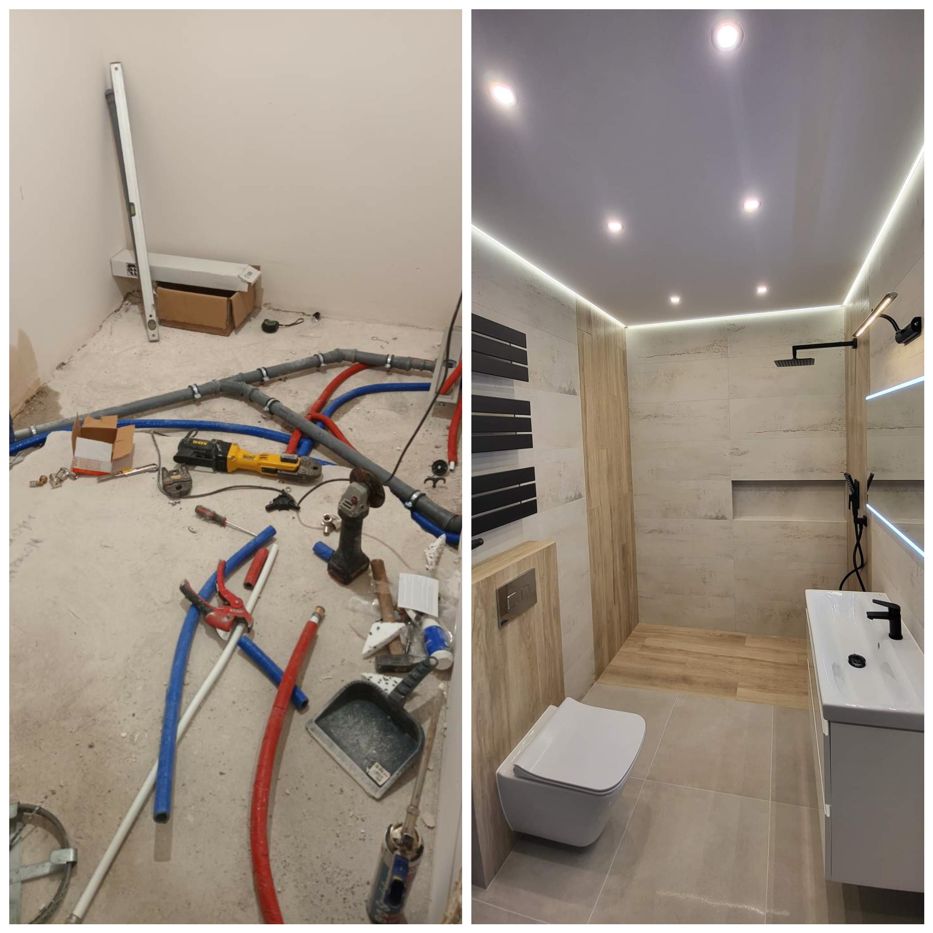 Zdjęcie przedstawia łazienkę w trakcie i po remoncie. Po lewej stronie widoczny bałagan, rury, narzędzia, a po prawej wykończona łazienka z nowoczesną armaturą, oświetleniem LED i płytkami...