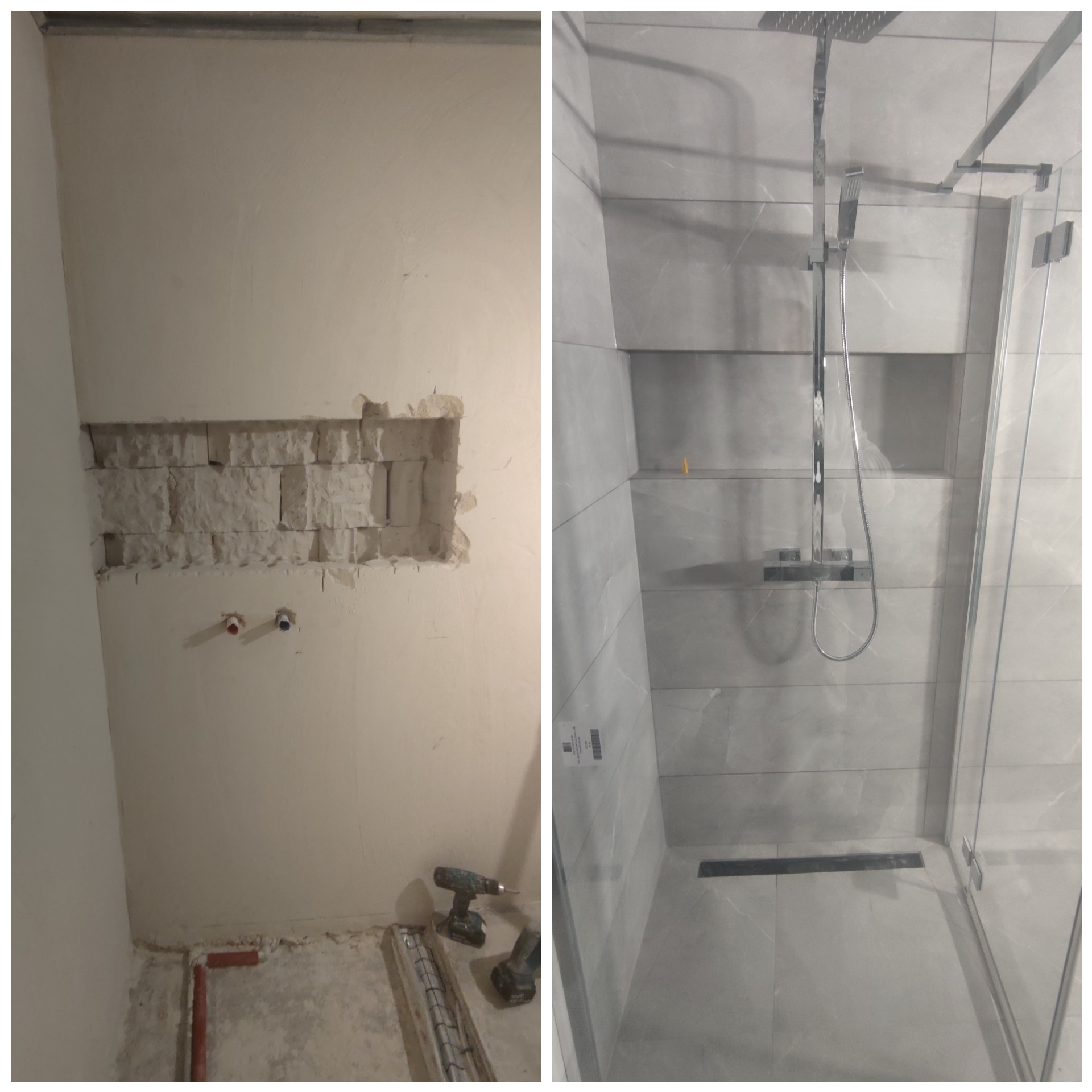Łazienka w trakcie metamorfozy: po lewej ściana z fragmentem skuć, odsłonięte cegły i wystające rurki, po prawej kabina prysznicowa z szarymi płytkami i deszczownicą.