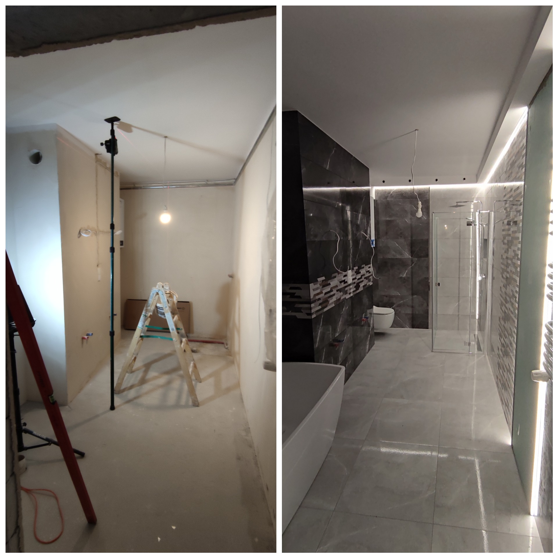 Porównanie stanu łazienki przed i po renowacji: surowe ściany z instalacjami i drabina w kontraście do wykończonej przestrzeni z ciemnymi płytkami imitującymi marmur, oświetleniem LED, kabiną...