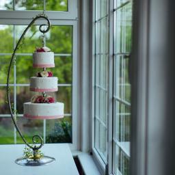 Zakład Pracy Kreatywnej - Trzypiętrowy tort weselny, biały z różowymi akcentami i kwiatami, zawieszony na metalowym stojaku z dekoracją z bluszczu, ustawiony na białym stole przy oknie z widokiem na zieleń.