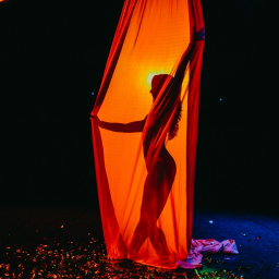 Zakład Pracy Kreatywnej - Sylwetka kobiety za pomarańczową tkaniną na scenie, oświetlona od tyłu, z konfetti na podłodze.