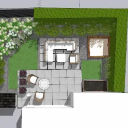 Projekt zagospodarowania przestrzeni zewnętrznej z widokiem z góry, prezentujący taras z meblami wypoczynkowymi, część trawnika z kwiatami, obrzeża z kamienia oraz donice z roślinami.