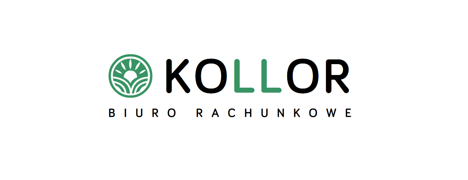 Logo biura rachunkowego KOLLOR z Łubowa: zielono-czarny napis i symbol w okręgu przedstawiający wschód słońca nad polami.