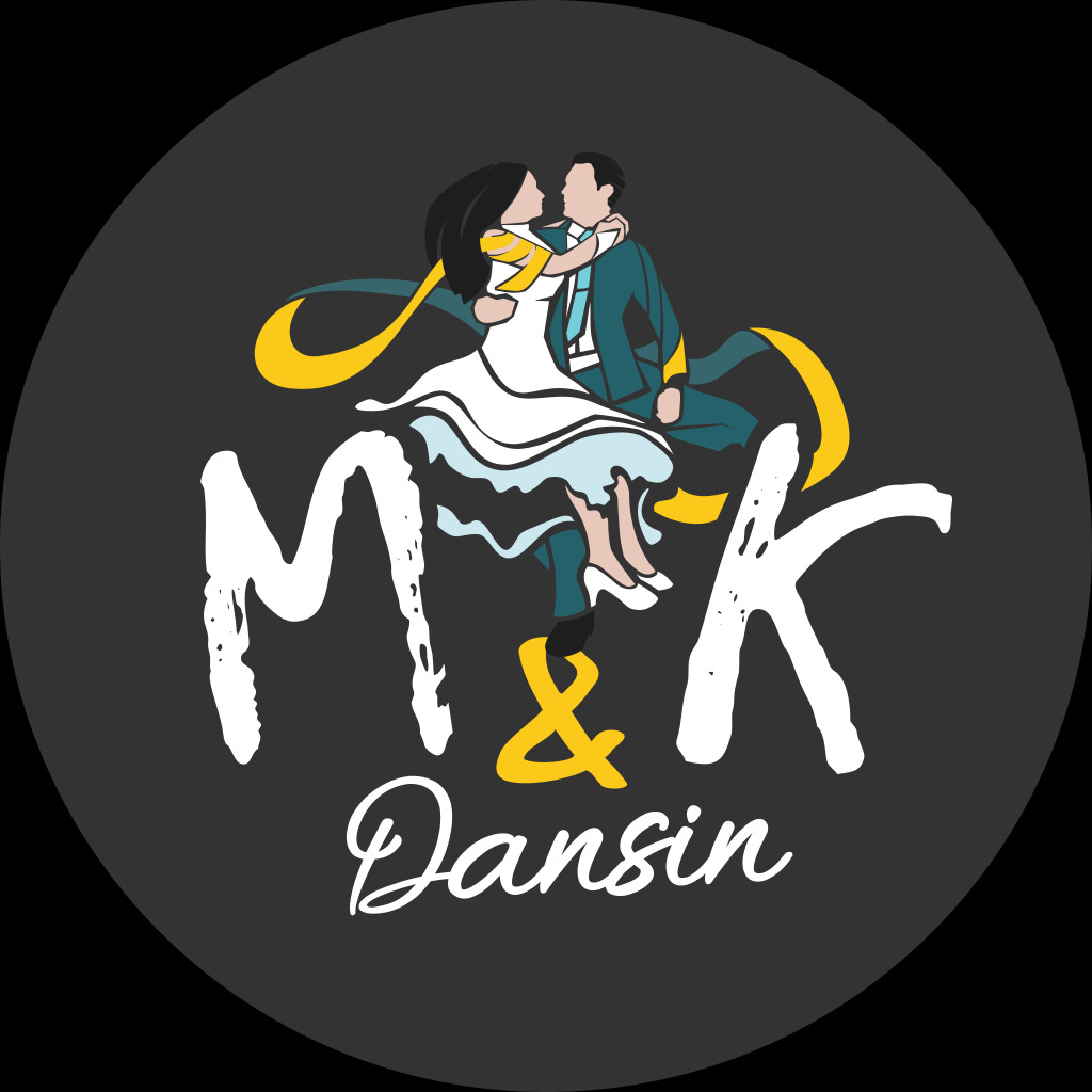 Ilustracja logo: para taneczna w stylizowanej pozie tanecznej, inicjały 'M&K' i napis 'Dansin' na ciemnoszarym tle.