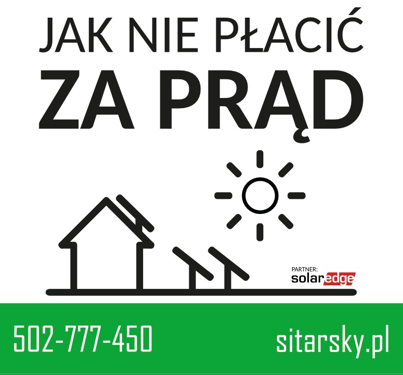 Grafika reklamowa: Jak nie płacić za prąd? Stylizowany dom, panele słoneczne i słońce. Numer telefonu i adres strony internetowej w dolnej części.