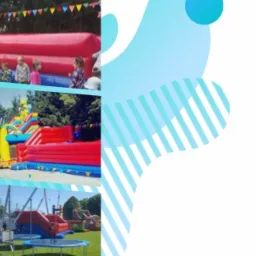 Kompozycja zdjęć przedstawiających różne atrakcje: dmuchańce, trampoliny, namiot imprezowy, oraz logo firmy Jupi Landia z numerem telefonu.